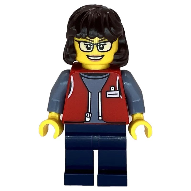 LEGO Employee, Red Jacket, Dark Blue Legs, Glasses