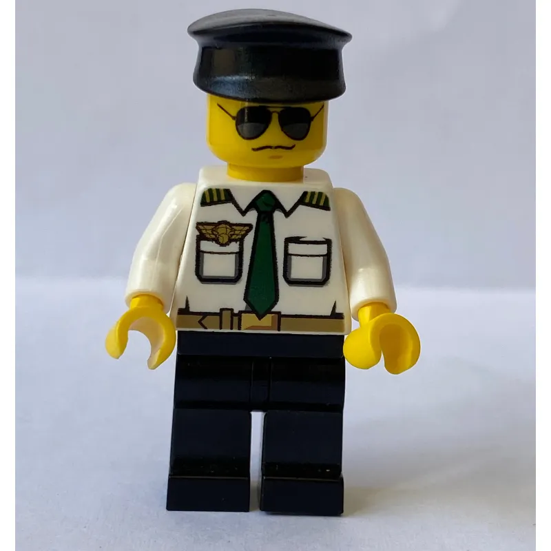 Pilot, White Shirt with Dark Green Tie and Wing Badge, Black Legs, Black Hat, Sunglasses