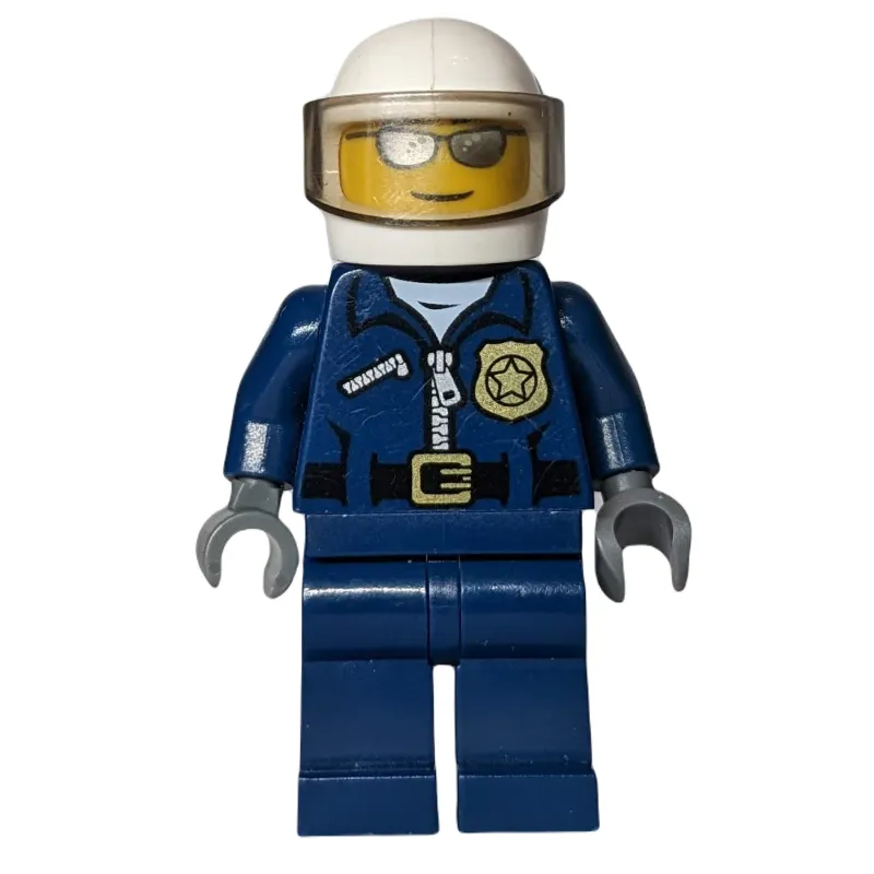 Policeman, Dark Blue Jacket with Zipper, Badge, and 'POLICE' on Back, White Helmet with Visor, Silver Sunglasses