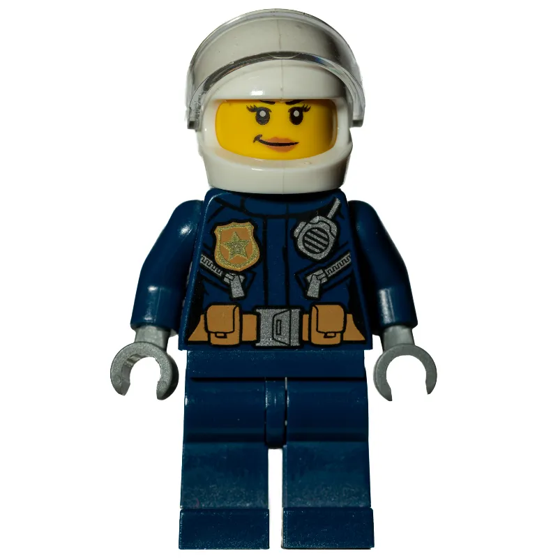 Policewoman, Dark Blue Jacket with Radio, Badge, and Belt with Pouches, White Helmet with Trans-Clear Visor, Smirk