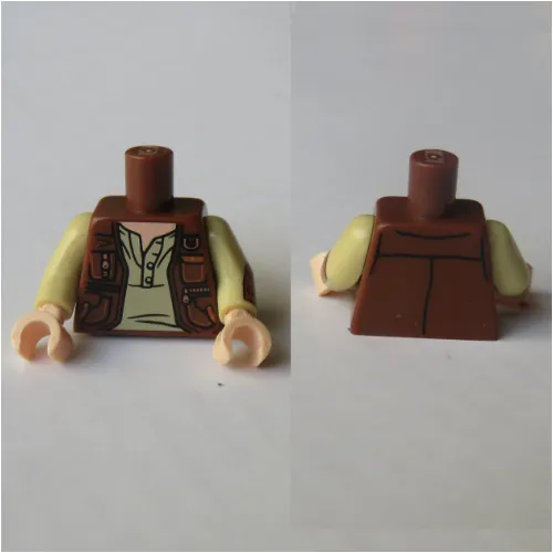 Torso Vest Jacket, Open over Tan Shirt, Pockets Print (Owen Grady), Tan Arms with Reddish Brown Cuff Print on Left, Light Nougat Hands