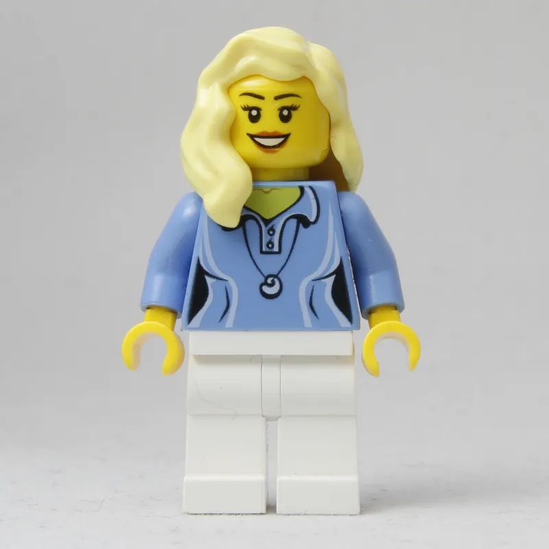 Woman, Medium Blue Polo Shirt with Necklace, White Legs, Light Bright Yellow Hair