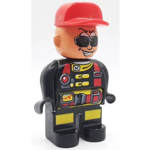 Duplo Figure, Early, Cap Red, Black Legs, Red Utility Harness, Sunglasses Print (Action Wheeler)