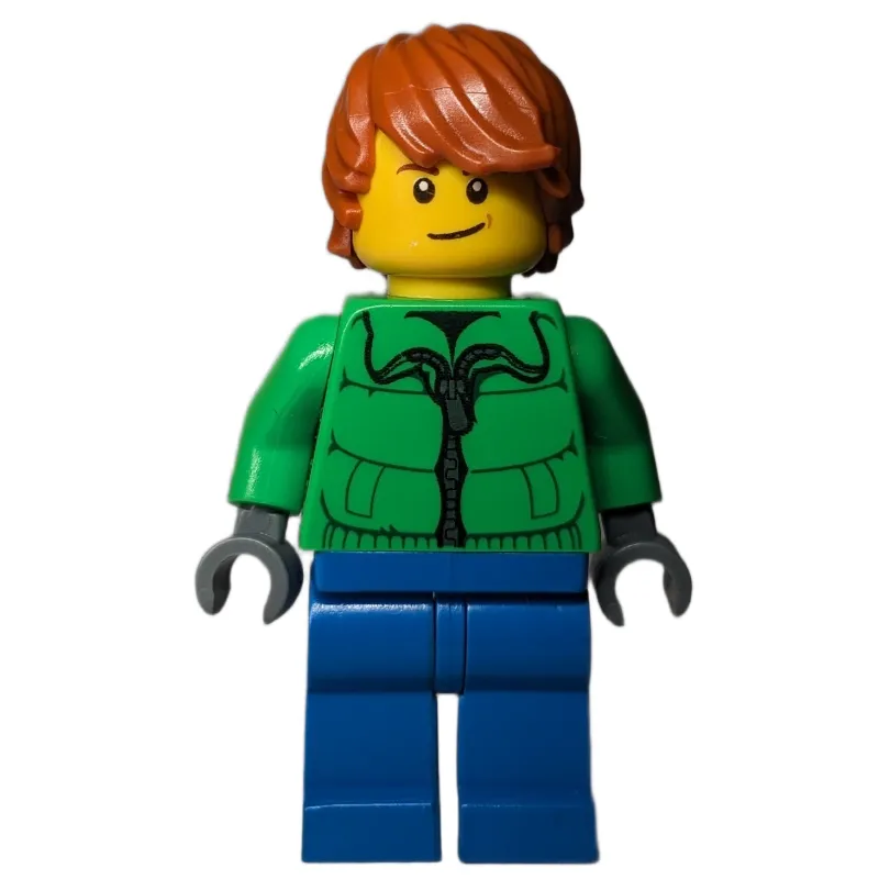 Man, Bright Green Jacket, Blue Legs