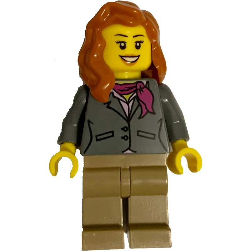 Woman, Dark Bluish Gray Jacket with Magenta Scarf, Dark Tan Legs, Dark Orange Hair