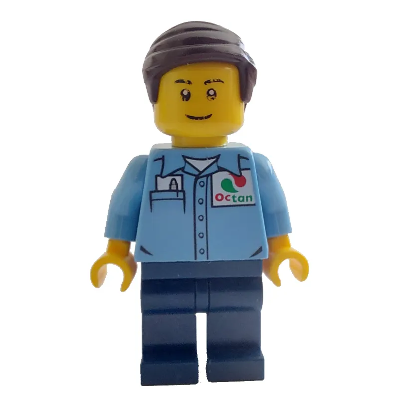 Man, Medium Blue Shirt with Octan Logo, Dark Blue Legs, Dark Brown Hair