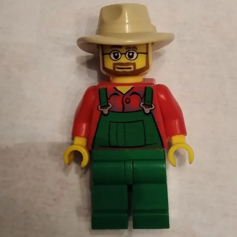 Man, Green Overalls over Red Shirt, Tan Wide Brim Hat, Beard and Glasses