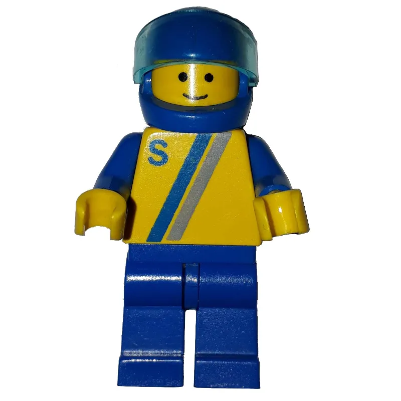 Racer, Yellow Shirt with Two Stripes and 'S', Blue Legs, Blue Helmet with Visor