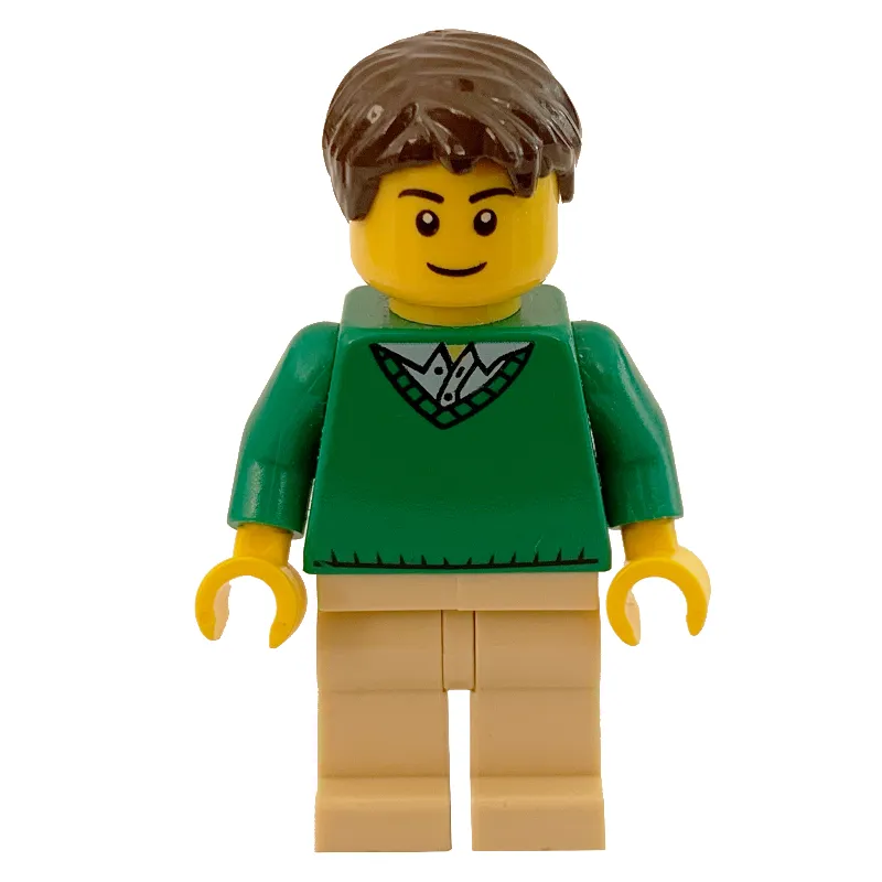 Man, Green V-Neck Sweater, Tan Legs, Dark Brown Hair