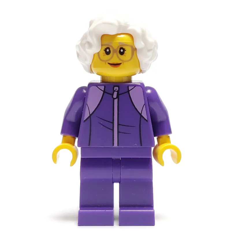 Woman, Dark Purple Jogging Suit, White Hair, Large Glasses