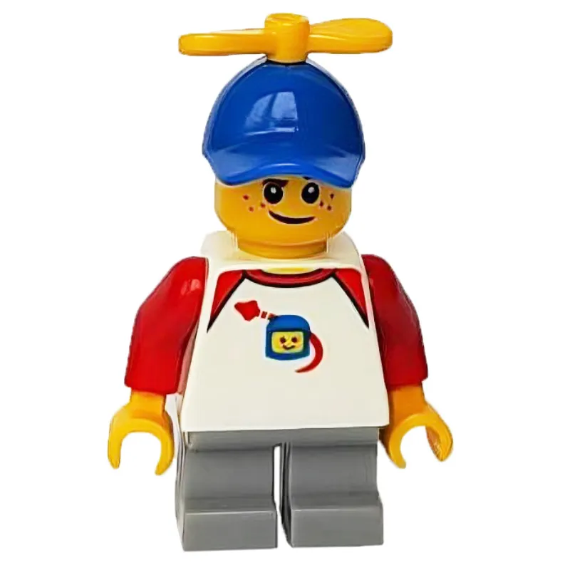 Boy, Classic Spaceman on Shirt, Short Light Bluish Gray Legs, Blue Cap with Propeller