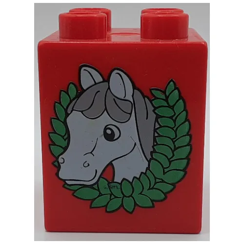 Duplo Brick 2 x 2 x 2 with Horse Head and Wreath Print