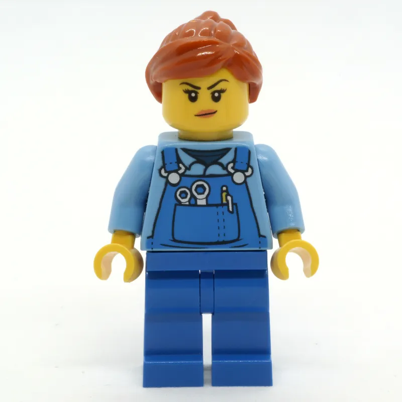 Woman, Blue Overalls over Shirt, Dark Orange Hair, Dirt Stains