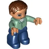 Duplo Figure with Parted Wavy Hair Reddish Brown, with Dark Blue Legs, Sand Green Top with 4 Buttons, and Brown Eyes
