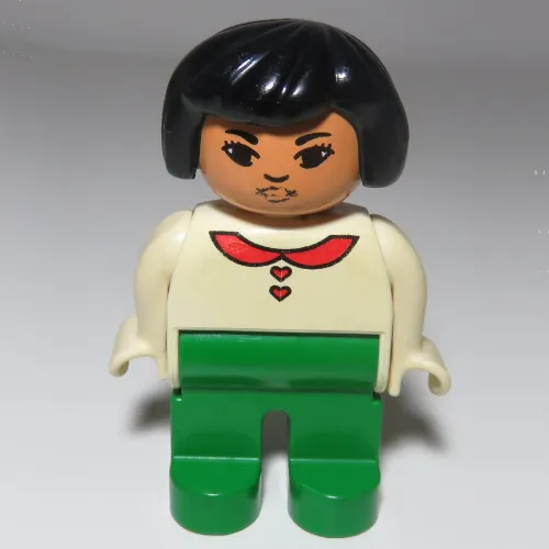 Duplo Figure, Early, Hair Bob Black, Green Legs, Blouse with Red Heart Buttons & Collar, Lips Print (Asian)