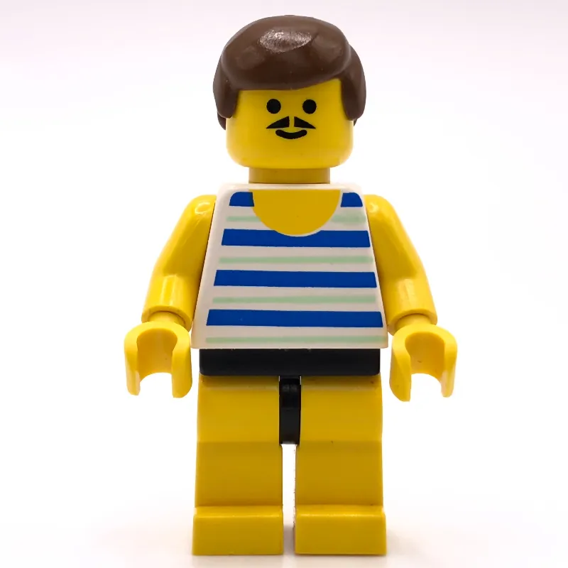 Man, Blue and White Striped Swimsuit, Brown Hair, Moustache