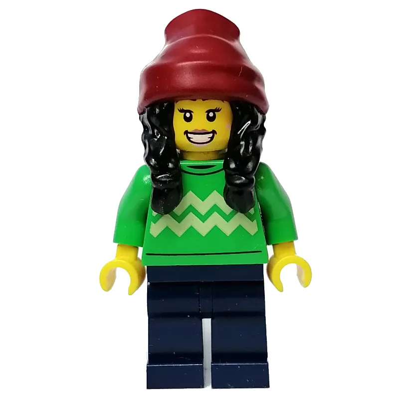 Bright Green Torso, Dark Blue Legs, Dark Red Beanie, Black Hair