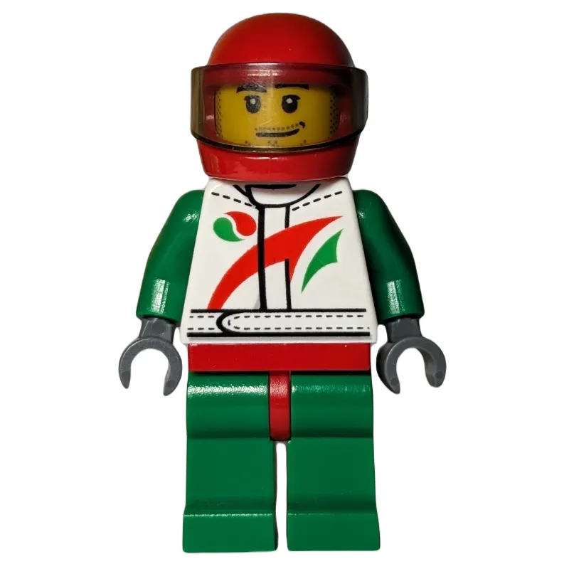 Racer, White and Green Jumpsuit with Octan Logo, Red Helmet with Trans-Brown Visor