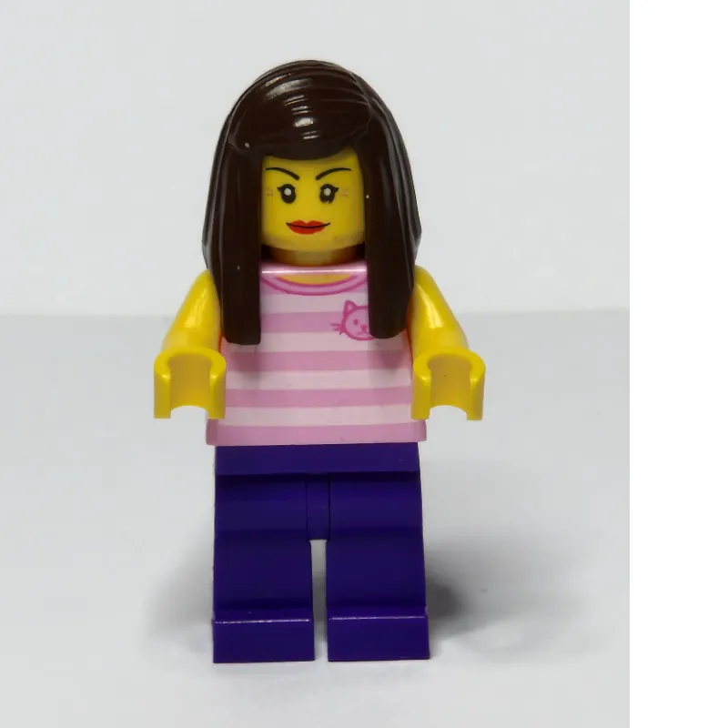 Woman, Pink Striped Tank Top with Cat Face, Dark Purple Legs