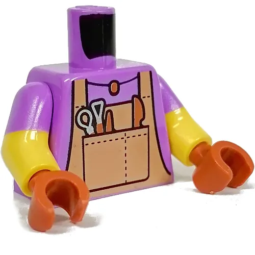 Torso, Dual Molded Arms with Dark Tan Apron, Pottering Tools print, Medium Lavender Sleeves Pattern, Yellow Arms, Dark Orange Hands