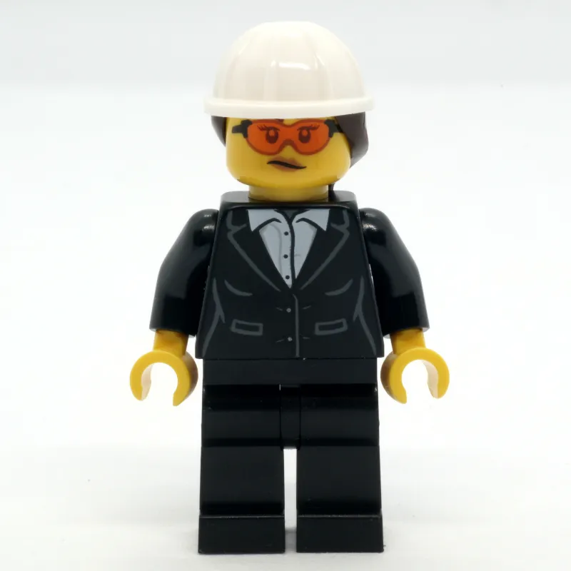 Construction Site Foreman, Black Suit, White Hard Hat with Hair