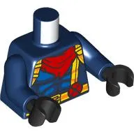 Torso Muscle Outline, Yellow and Bright Light Orange Straps, Pouch, Belt Buckle, Dark Red X Symbol, Red Neckerchief Print, Dark Blue Arms, Black Hands