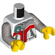 Torso, Jacket, Zipper, Light Bluish Grey/Red Shapes, Dark Turquoise Circle with White '4' Print, Flat Silver Arms, Yellow Hands