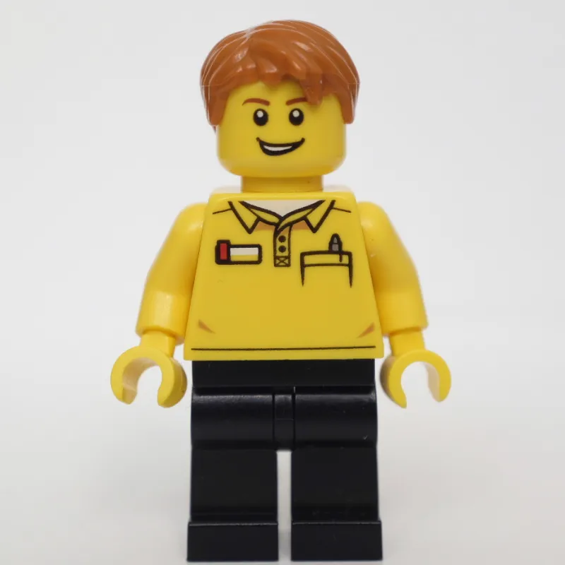 LEGO Employee, Yellow Shirt, Black Legs, Dark Orange Hair