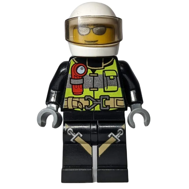 Fireman, Safety Vest with Flashlight, Pocket, and Belt, Black Legs with Straps, White Helmet with Visor, Silver Sunglasses