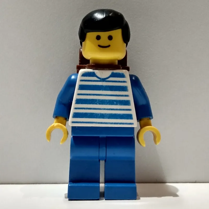 Man - Blue/White Striped Torso, Blue Legs, Brown Backpack