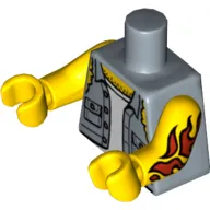 Torso, Shirt with Ripped Off Sleeves, Buttons on Pockets, Jolly Roger Back Print, Yellow Arms and Hands with Red Fire Tattoo Print on Left Arm