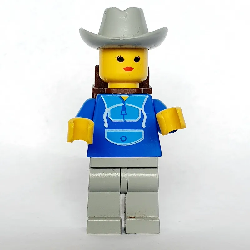 Woman, Blue and Light Gray Jogging Suit, Light Gray Cowboy Hat, Backpack