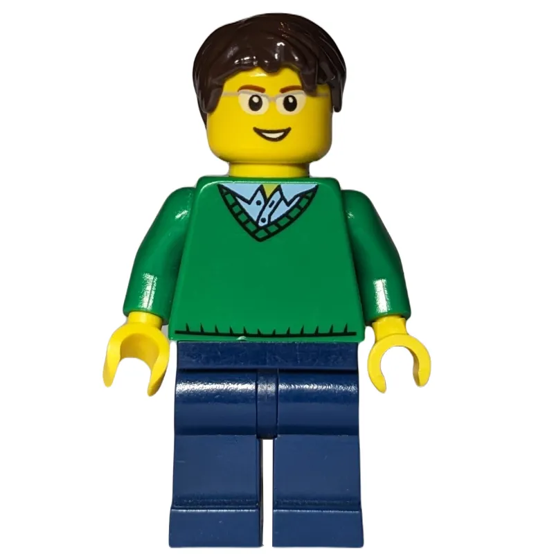 Man, Green V-Neck Sweater, Dark Blue Legs, Dark Brown Hair, Glasses