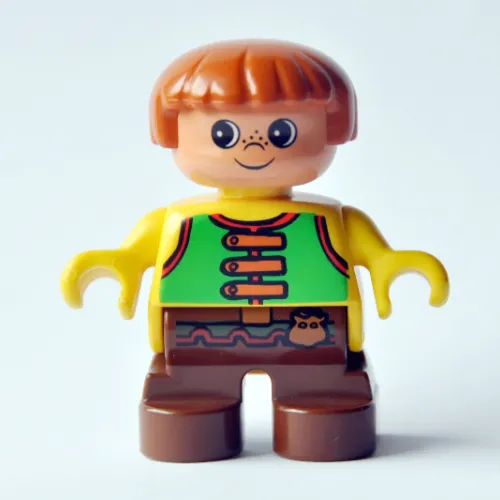 Duplo Figure, Early Child, with Straight Hair Fabuland Brown, Brown Legs, Green Vest Print
