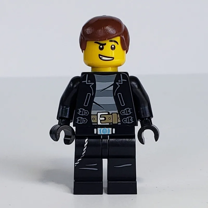 Criminal, Open Leather Jacker over Prison Shirt, Reddish Brown Hair