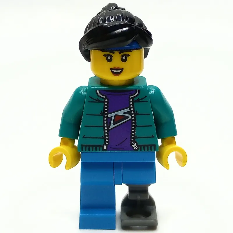 Woman, Dark Turquoise Jacket, Prosthetic Leg