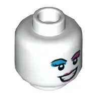 Minifig Head Harley Quinn, Dark Azure and Lavender Eye Shadow, Mean Smile with Teeth / Tongue Sticking Out Print
