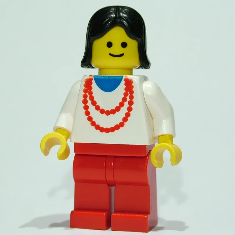 Woman, White Top with Red Necklace, Red Legs, Black Hair (3626b Head)