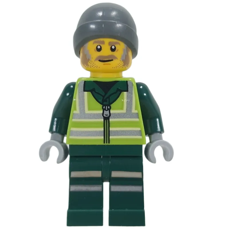 Recycling Worker, Lime Safety Vest, Dark Green Legs, Dark Bluish Grey Beanie
