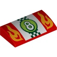 Slope Brick Curved 2 x 4 x 2/3 No Studs, with Bottom Tubes and Number 8 and Stylised Flames Print