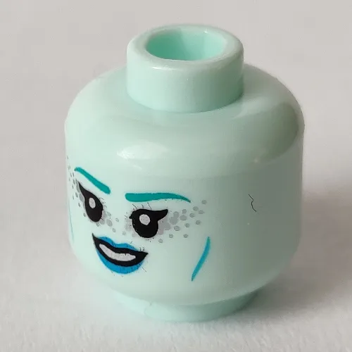 Minifig Head Night Protector, Dark Turquoise Eyebrows, Medium Azure Lops, Silver Freckles, Open Mouth Smile / Closed Mouth Smirk Print
