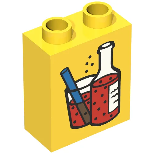 Duplo Brick 1 x 2 x 2 with Bottle and Glass with Straw, Full of Fizzy Red Liquid Print