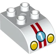 Duplo Brick 2 x 3 with Curved Top with '1', Headlights and 2 Red Stripes Print