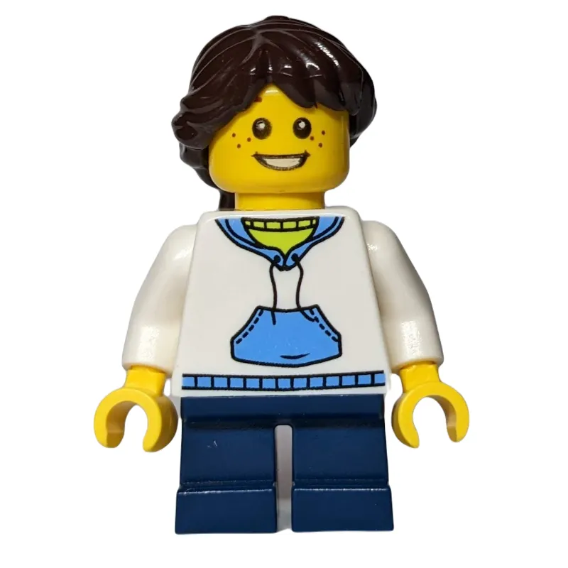 Girl, White Hoodie, Short Dark Blue Legs