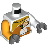 Torso, Odd Arms, Racing Jacket with Bright Light Orange Collar and Orange Swirl, 'Vita Rush' Logo Print, Left White Arm, Right Bright Light Orange Arm, Dark Bluish Gray Hands