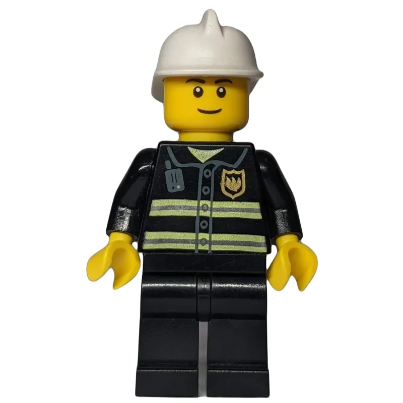 Fireman, Black Fire Jacket with Radio and Badge, White Helmet, Black Eyebrows