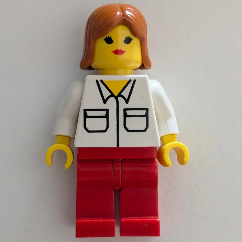 Woman, White Shirt with Pockets, Red Legs, Dark Orange Hair