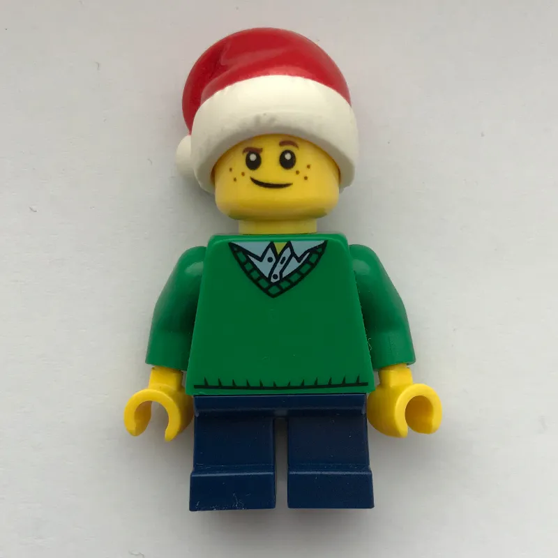 Boy, Green Sweater, Short Dark Blue Legs, Santa Hat