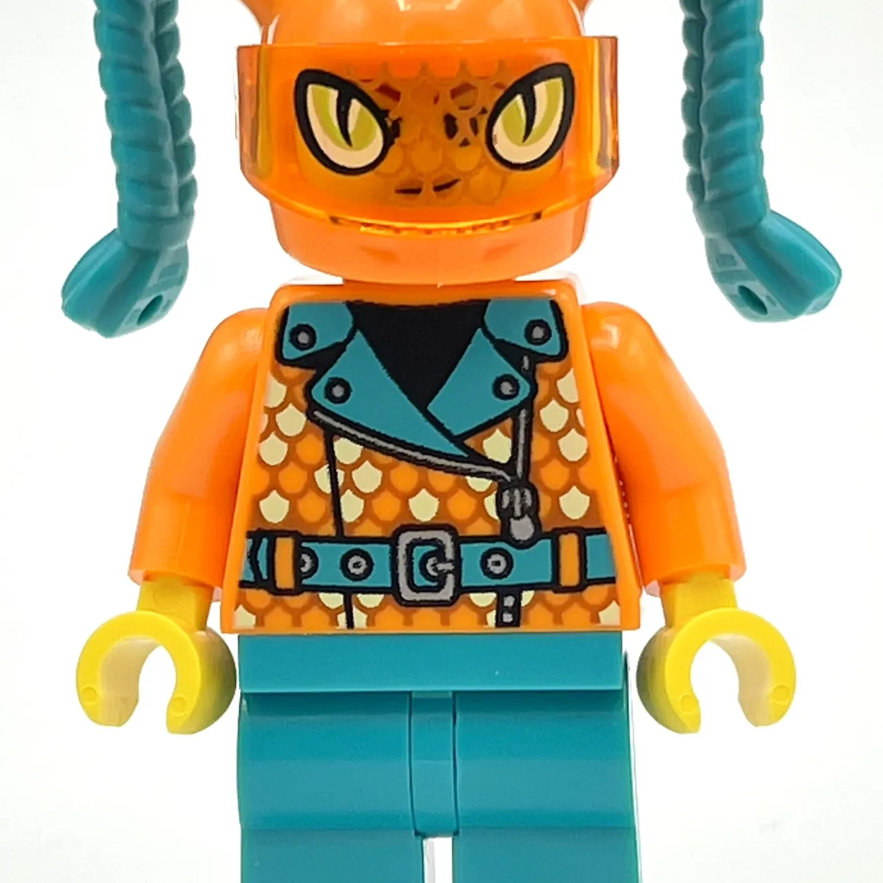 Orange Torso, Dark Turquoise Legs, Orange Helmet with Dark Turquoise Braids