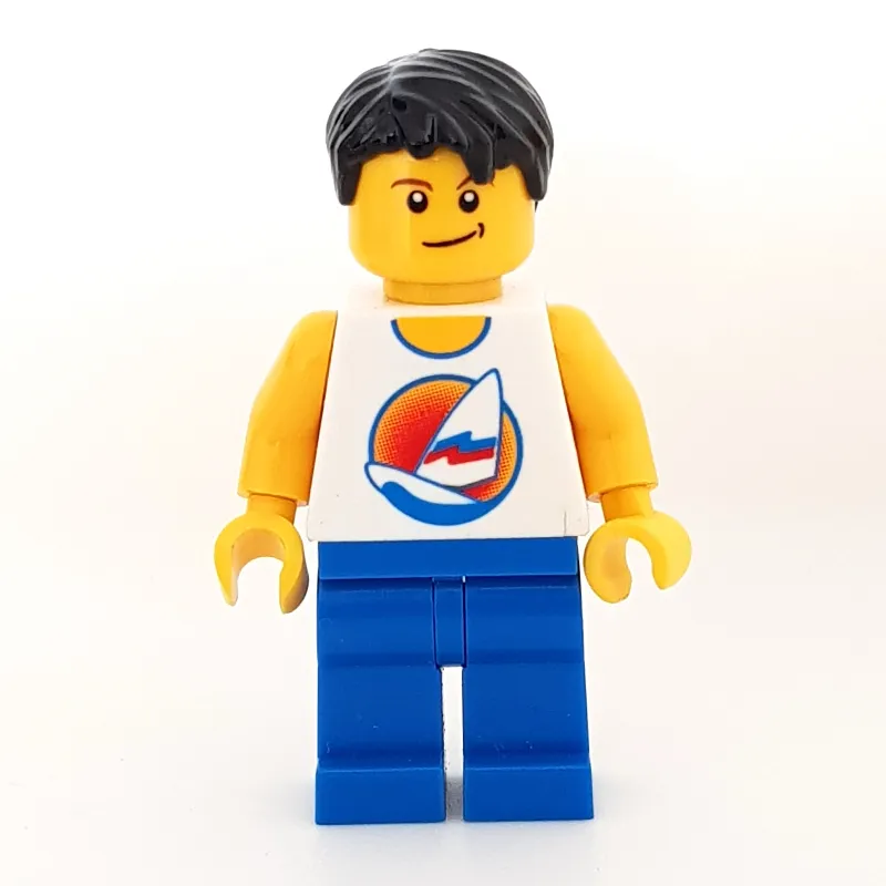 Man, White Tank Top with Windsurfer, Blue Legs, Black Hair